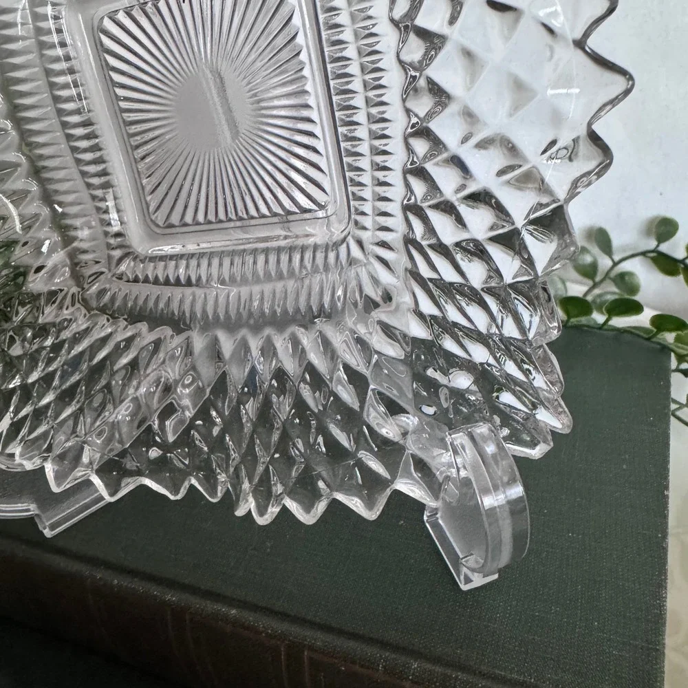 Vintage Clear Pressed Glass Ash Tray Diamond Point Sunburst Sawtooth Rim 7in